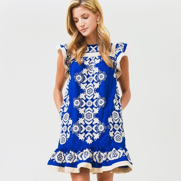 Sea New York Dresses & Skirts - Sea NY Manuela Flutter Sleeve tunic dress S Blue Embroidered Linen New no tags